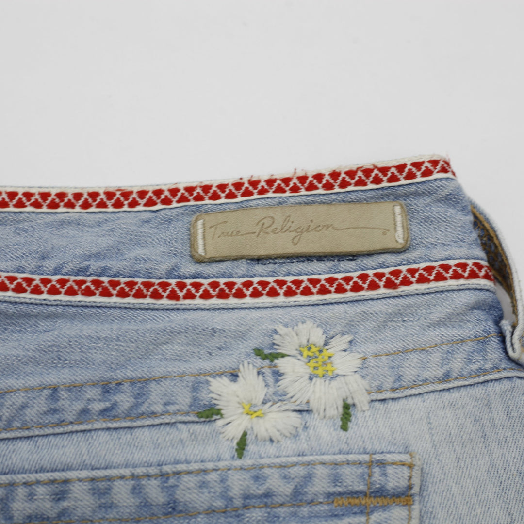 Y2K Ladies True Religion "Flower Child" Joey Daisy Cutoff Denim Shorts