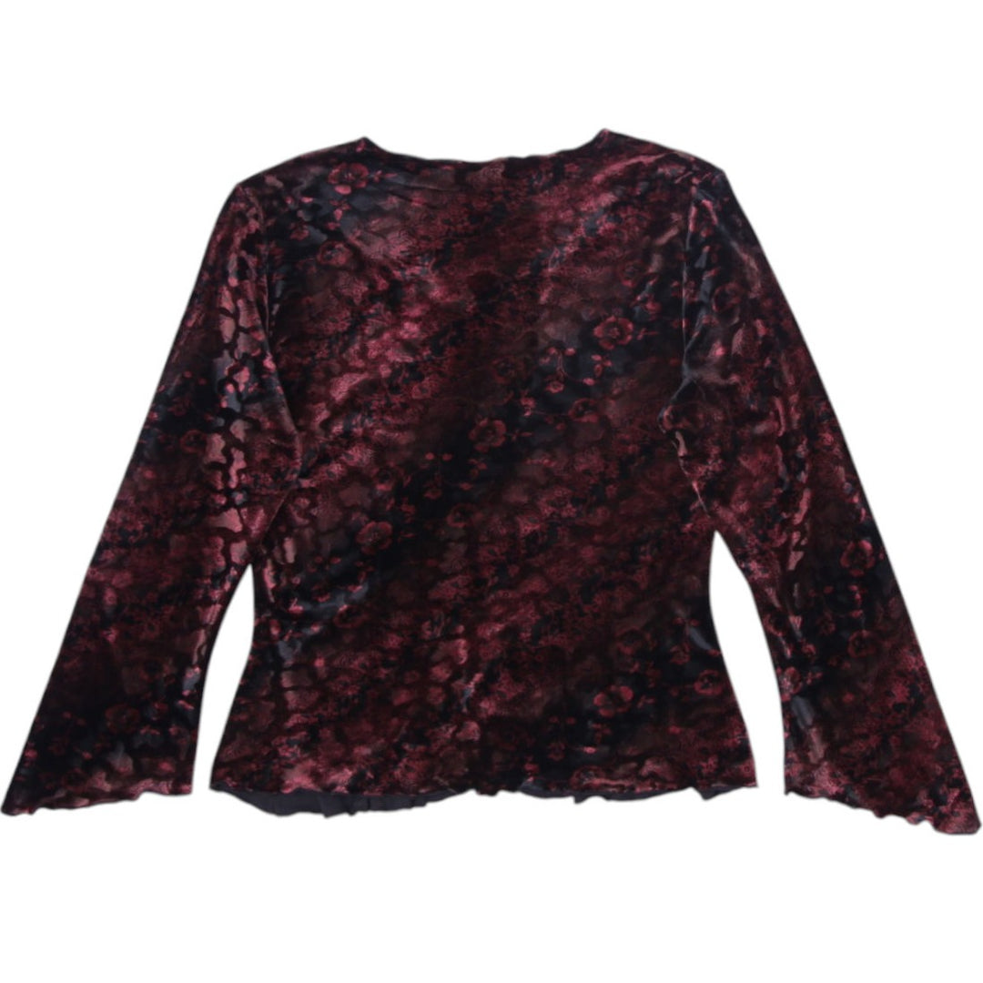 Y2K Ladies Top Maroon Ruched V-Neck Long Sleeve Velvet | Migration_Y2K Tops - Side View | Fashion Rerun