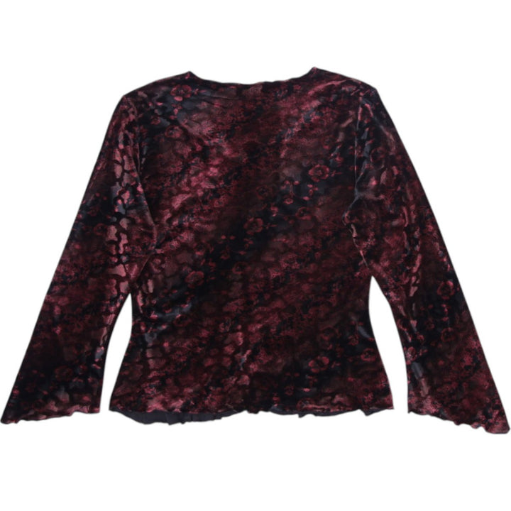 Y2K Ladies Top Maroon Ruched V-Neck Long Sleeve Velvet | Migration_Y2K Tops - Side View | Fashion Rerun