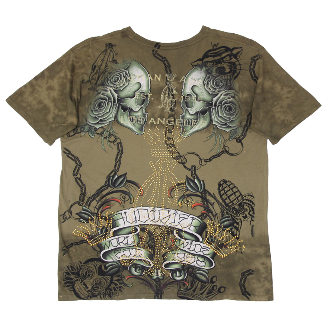 Y2K Mens Christian Audigier Angels Beaded Graphic T-Shirt