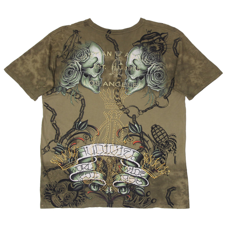 Y2K Mens Christian Audigier Angels Beaded Graphic T-Shirt
