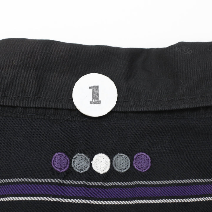 Coogi Gold Button Embroidered Crest Patch Black Purple Stripe Shirt Size XXL | Migration_Shirts - View 9 | Fashion Rerun