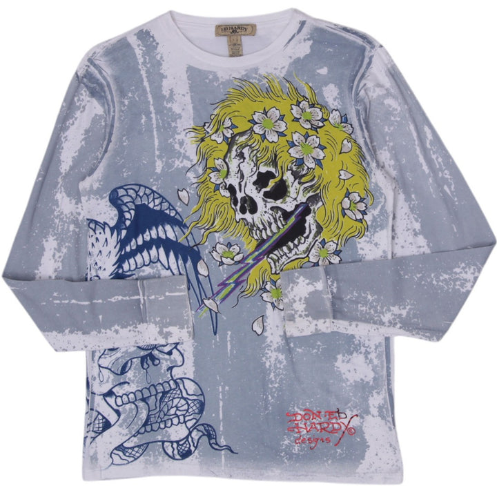 Y2K Mens Ed Hardy Beautiful Ghost Tattoo Graphic Long Sleeve T-Shirt Size L