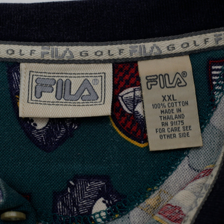 Vintage 90s Fila Golf All-Over Print Crest Polo T-Shirt Size XXL