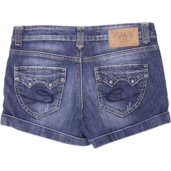 Y2K Ladies EDC Denim Shorts Washed Blue Pocket Detail | Migration_Shorts - Side View | Fashion Rerun