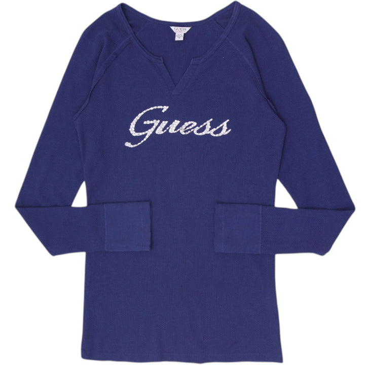 Y2K Ladies GUESS Blue Thermal Script Logo Long Sleeve Top Size XL