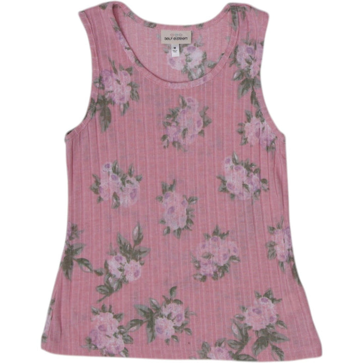 Y2K Ladies Self Esteem Pink Ribbed Floral Tank Top Coquette Balletcore