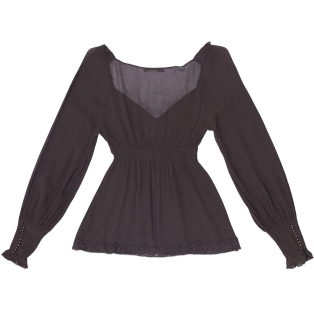 Y2K Ladies Peter Nygård Dark Brown Chiffon Milkmaid Peasant Blouse Smocked Waist