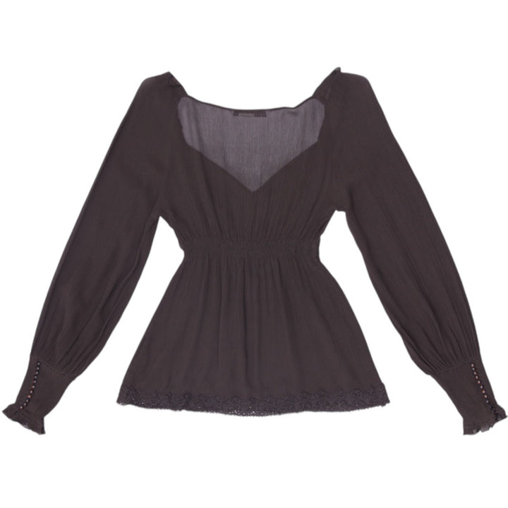 Y2K Ladies Peter Nygård Dark Brown Chiffon Milkmaid Peasant Blouse Smocked Waist