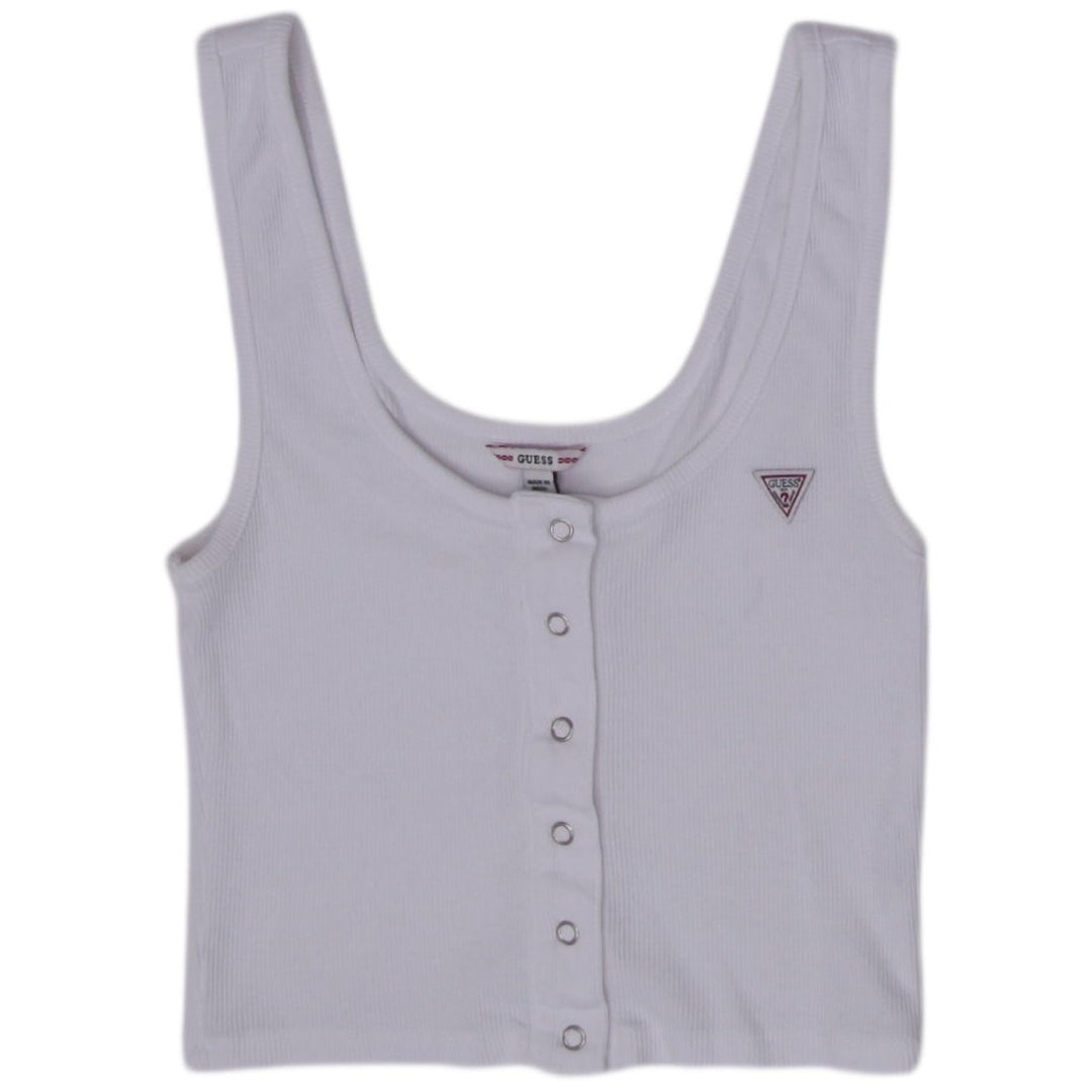 Y2K Ladies Cropped Ribbed Tank Top White Button Front Triangle Logo
