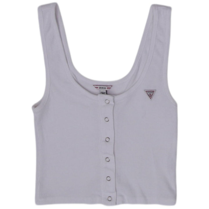 Y2K Ladies Cropped Ribbed Tank Top White Button Front Triangle Logo