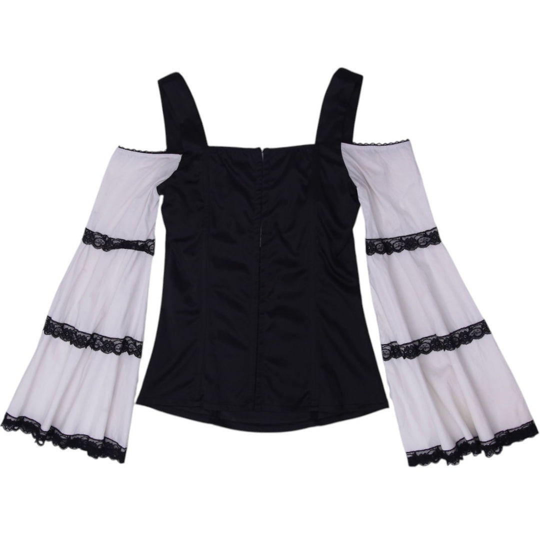 Y2K Ladies Black White Lace Flared Sleeve Cold Shoulder Top | Migration_Y2K Tops - Side View | Fashion Rerun