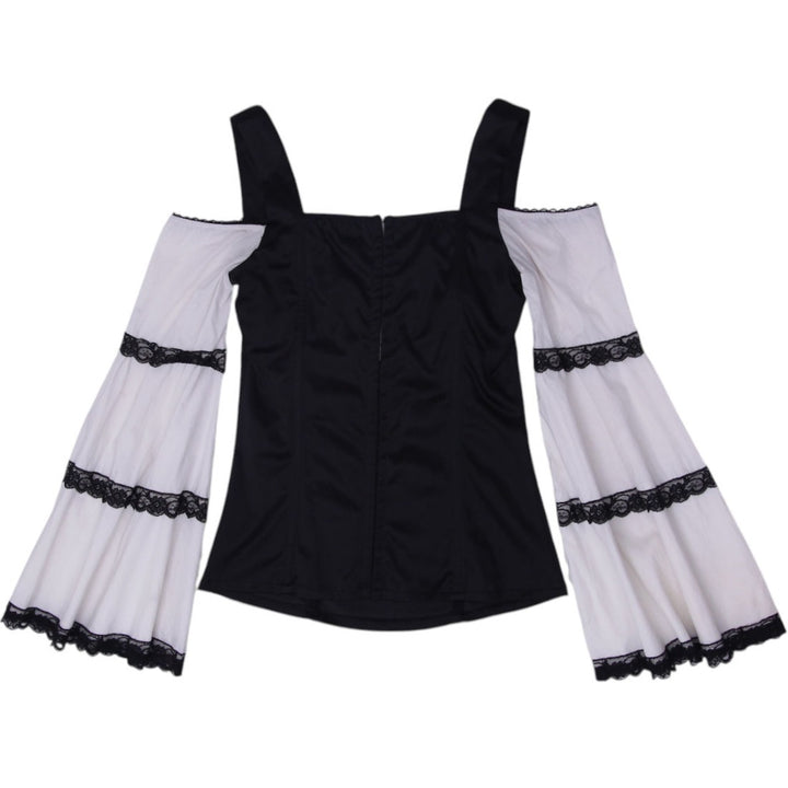 Y2K Ladies Black White Lace Flared Sleeve Cold Shoulder Top | Migration_Y2K Tops - Side View | Fashion Rerun
