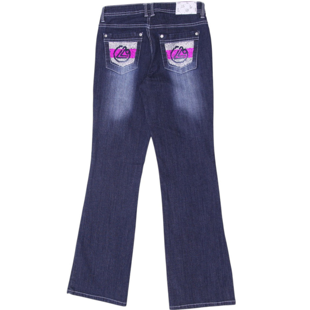 Y2K Ladies Washed Blue Embroidered Pockets Denim Flare Jeans Size 5 | Migration_Jeans & Pants - Side View | Fashion Rerun