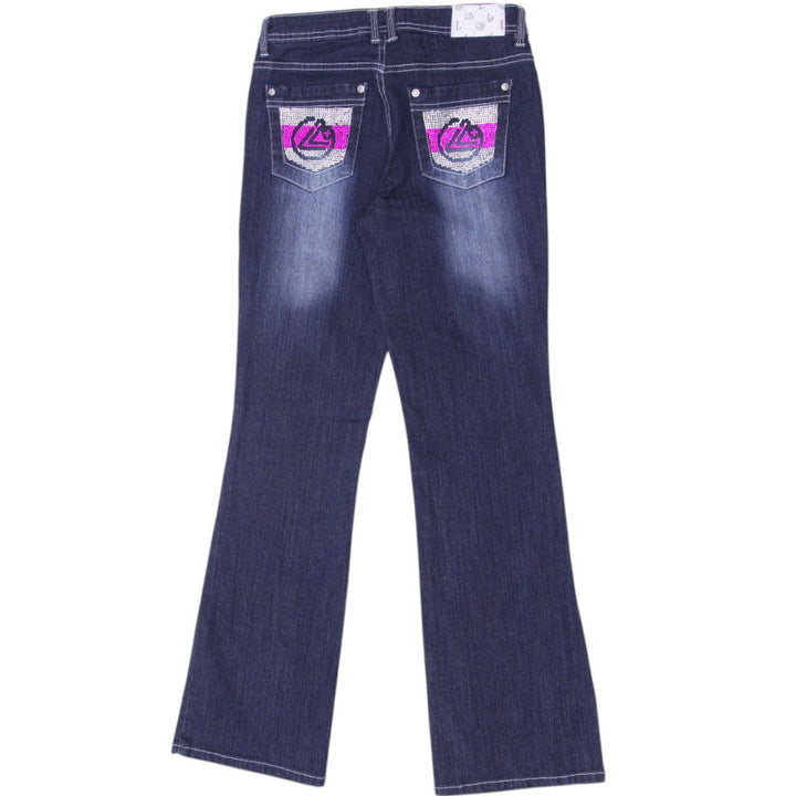 Y2K Ladies Washed Blue Embroidered Pockets Denim Flare Jeans Size 5 | Migration_Jeans & Pants - Side View | Fashion Rerun