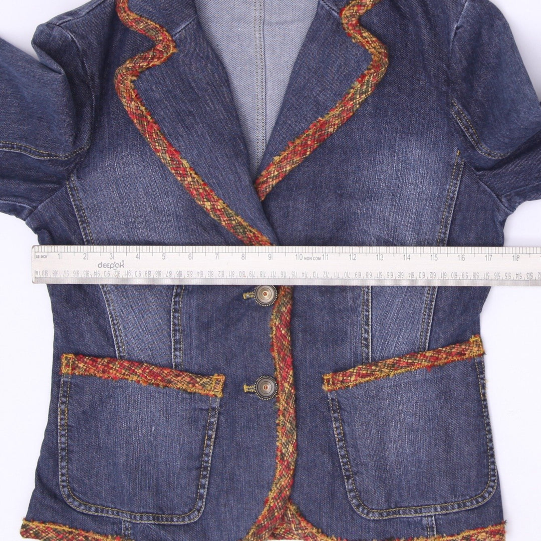 Vintage 90s Ladies Betty Barclay Paisley Boho Tapestry Trim Denim Blazer Jacket