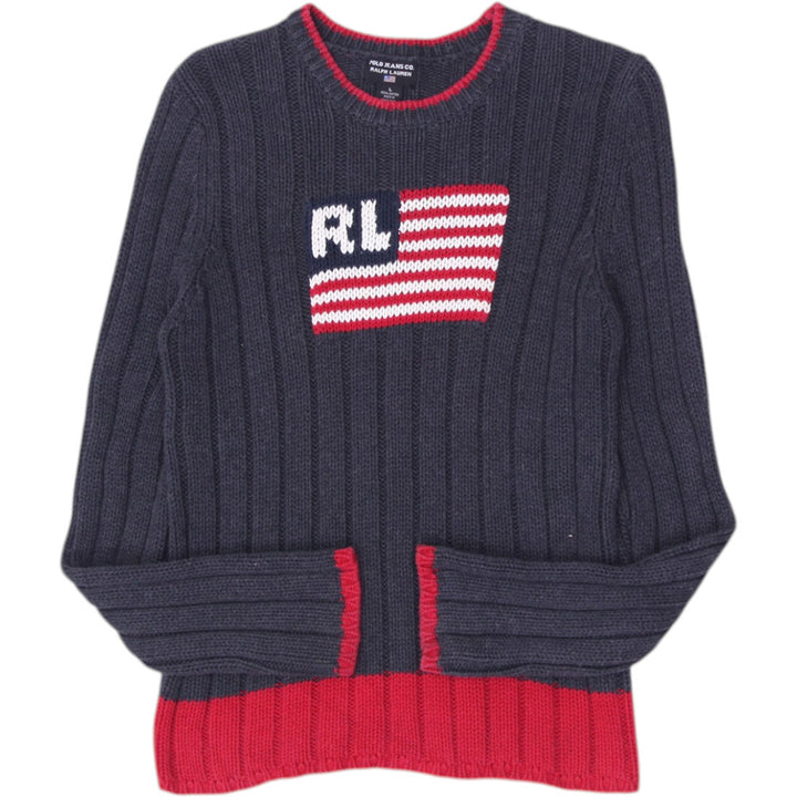 Vintage Ladies Polo Ralph Lauren American Flag Ribbed Knit Gray Sweater L