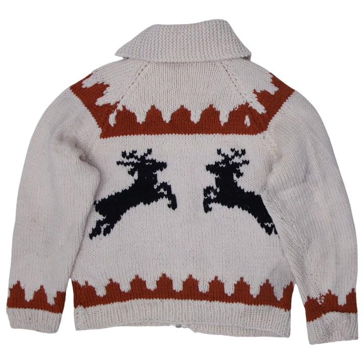 Vintage 1960s ladies wool knit deer sweater cardigan jacket, hand-knitted in Cowichan style with front zipper