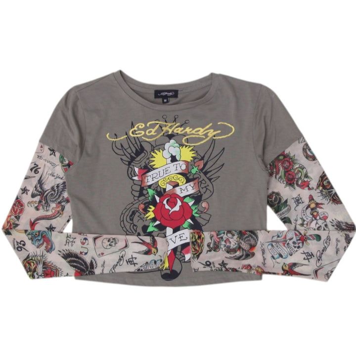 Y2K Ladies Ed Hardy Crop Top Green Tattoo Print Graphic | Migration_Y2K Tops | Fashion Rerun