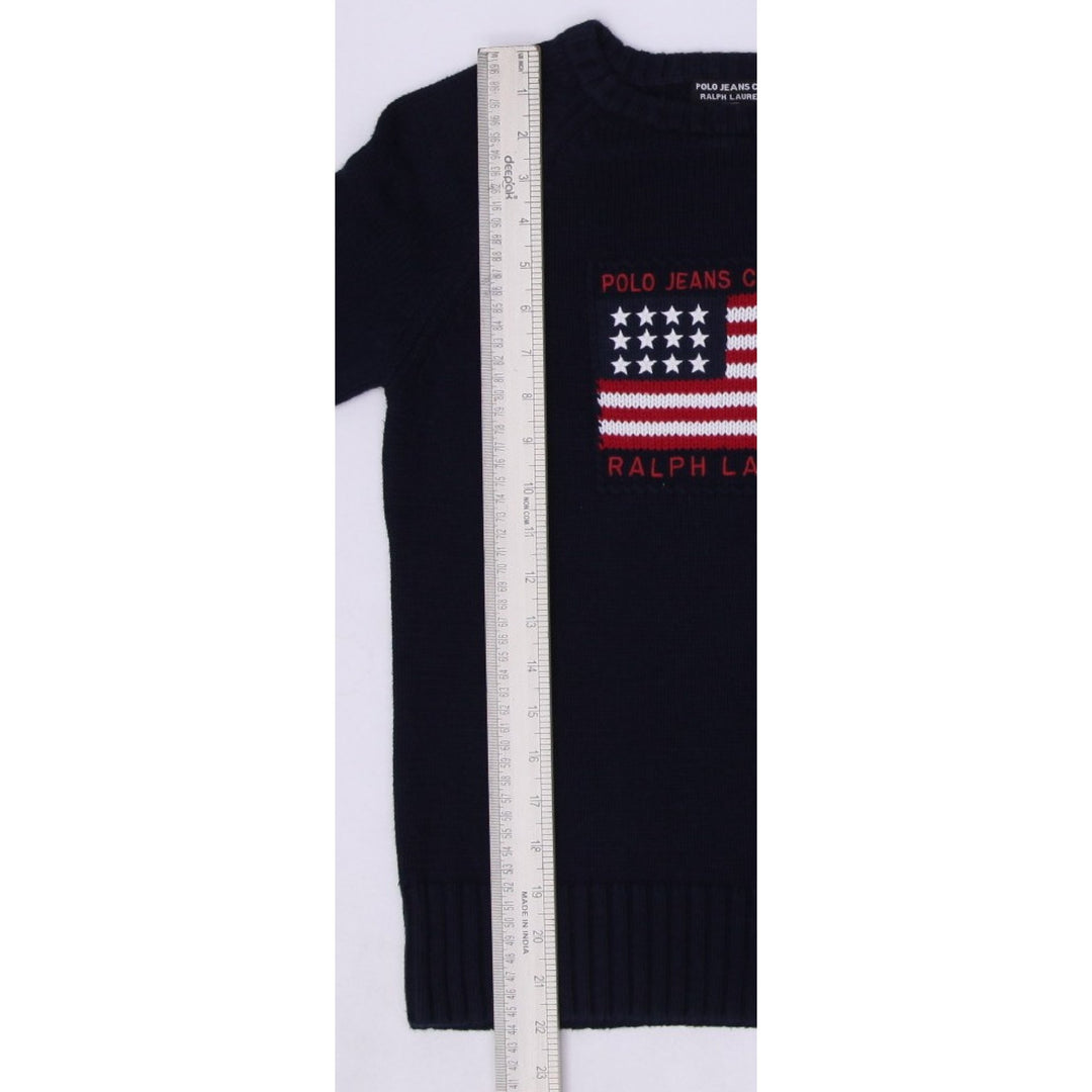 Vintage Mens Polo Jeans Co Ralph Lauren Sweater Navy Embroidered Flag Knitwear S