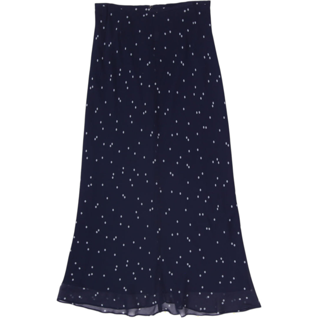 Y2K Ladies Ann Taylor 100% Silk Navy Blue Pin Dot Chiffon Midi Skirt Size 8