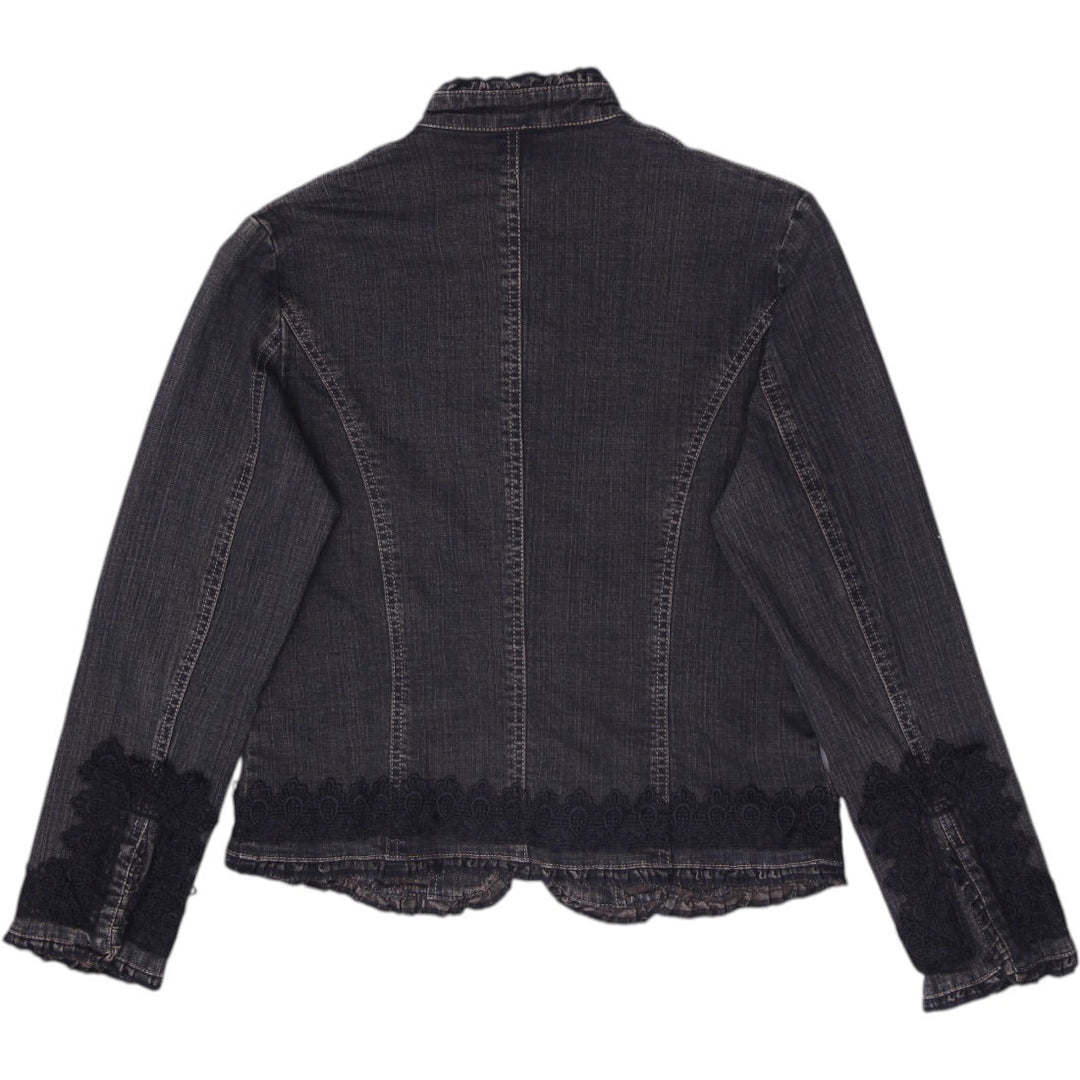 Y2K Ladies Simon Chang Lace-Trimmed Mandarin Denim Jacket Size 6