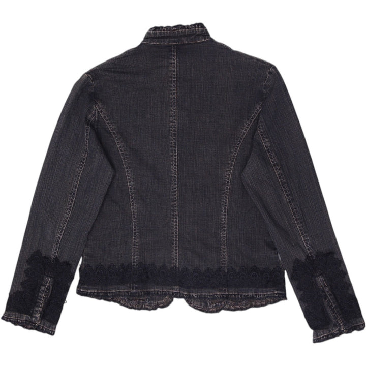 Y2K Ladies Simon Chang Lace-Trimmed Mandarin Denim Jacket Size 6
