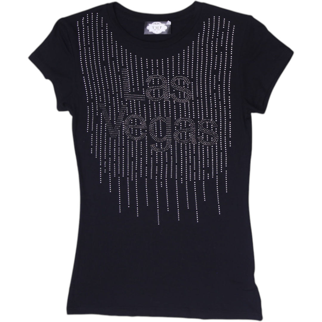 Y2K Ladies YMF Rhinestone Studded Las Vegas Black Baby Tee Size S