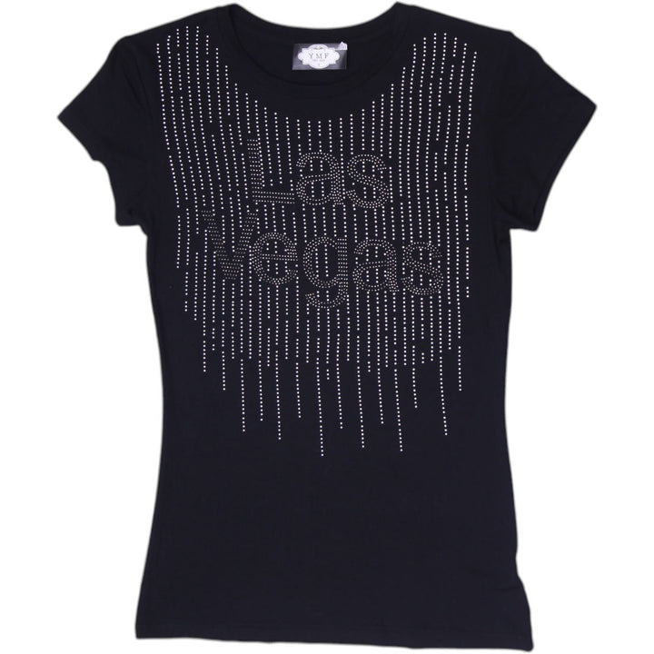 Y2K Ladies YMF Rhinestone Studded Las Vegas Black Baby Tee Size S