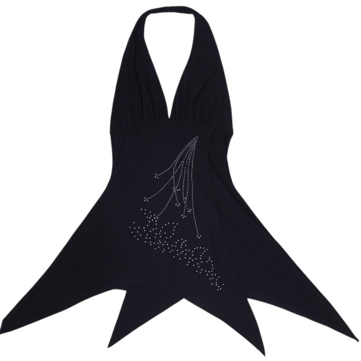 Y2K Ladies Solar U.S.A. Black Halter Neck Handkerchief Hem Rhinestone Top Size L
