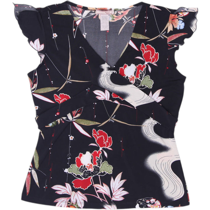 Y2K Ladies Vol 1 Asian Floral Print Crossover Bust Flutter Sleeve Top Size L