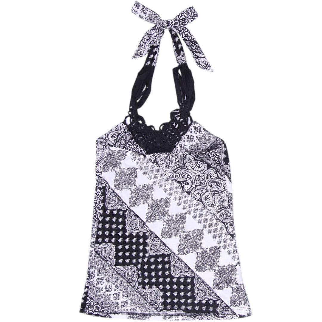Y2K Ladies Le Chateau Halter Top Black White Paisley Pattern Size XXS