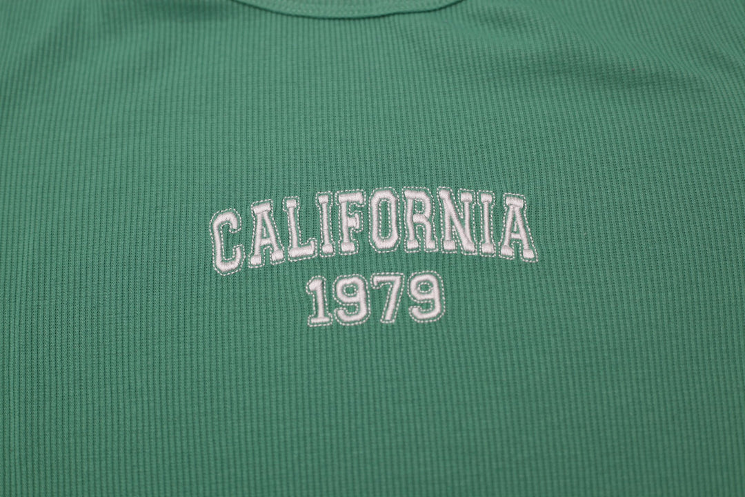 Y2K Ladies Orange Kiss Slim-Fit Ribbed California 1979 Graphic Baby Tee Size S