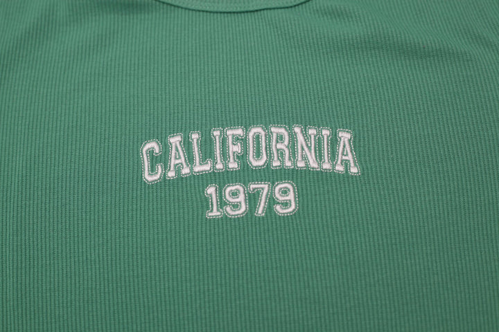 Y2K Ladies Orange Kiss Slim-Fit Ribbed California 1979 Graphic Baby Tee Size S