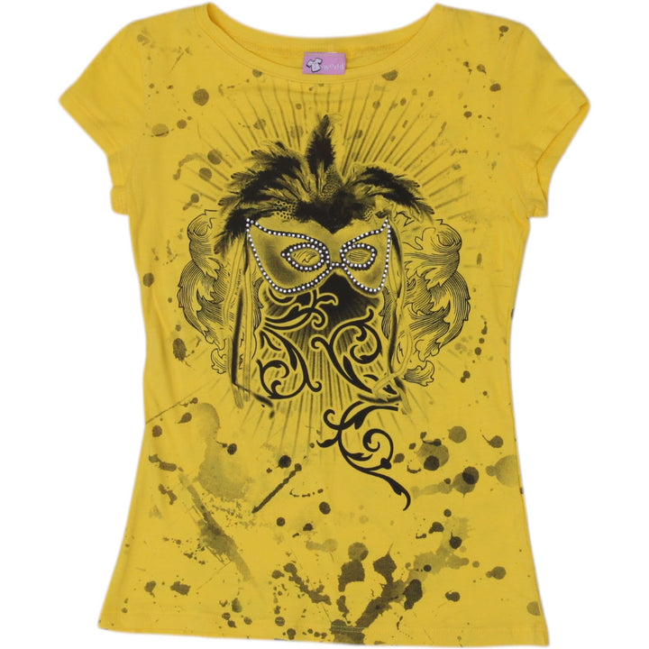 Y2K Ladies Iworld Masquerade Mask Rhinestone Graphic Tee Size M