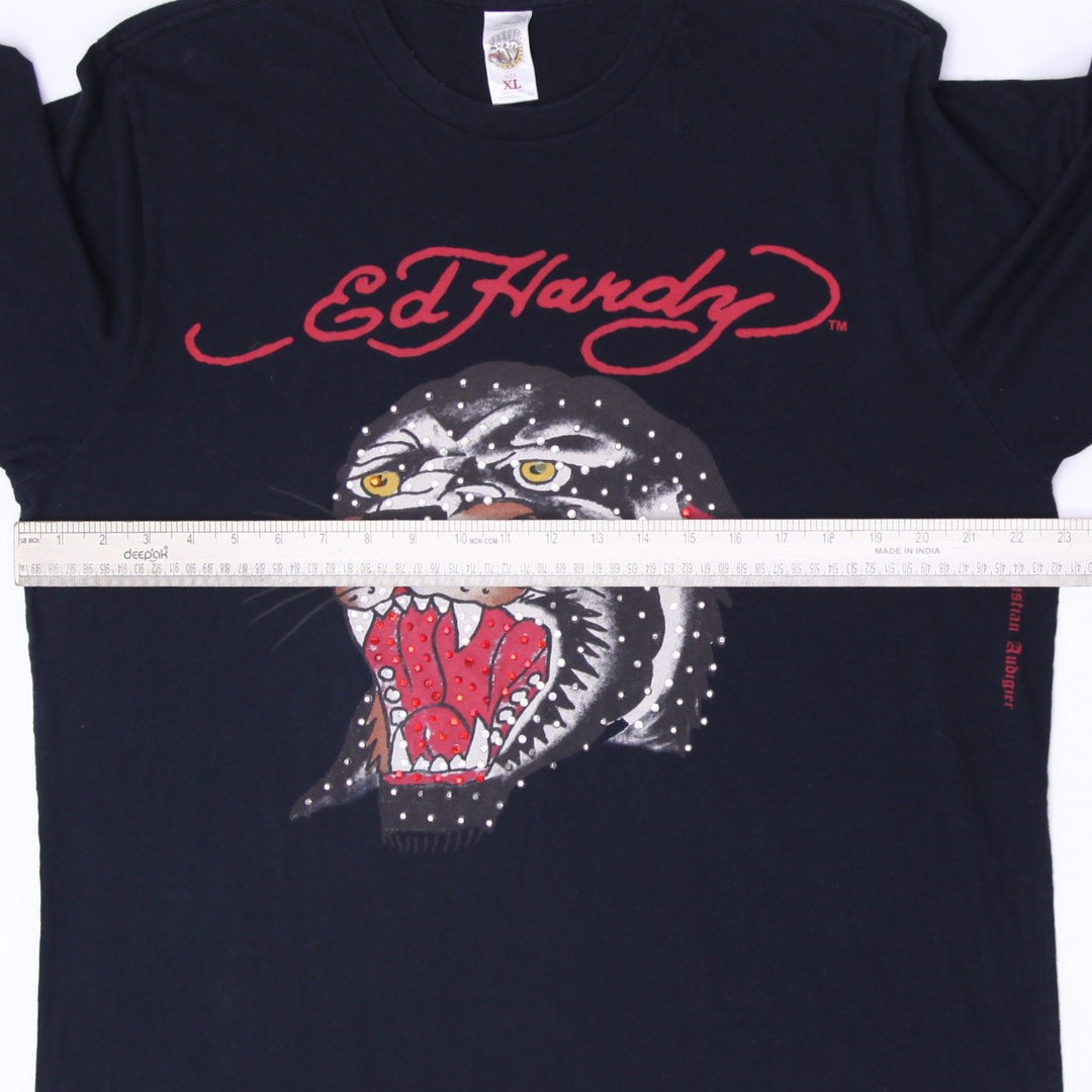 Y2K Mens Ed Hardy Black Panther Rhinestone Graphic T-Shirt Size XL
