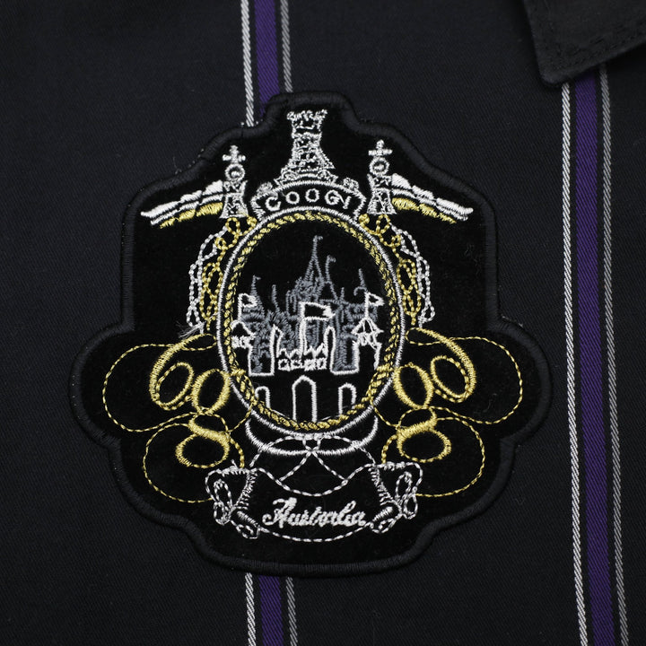 Coogi Gold Button Embroidered Crest Patch Black Purple Stripe Shirt Size XXL | Migration_Shirts - Detail View | Fashion Rerun