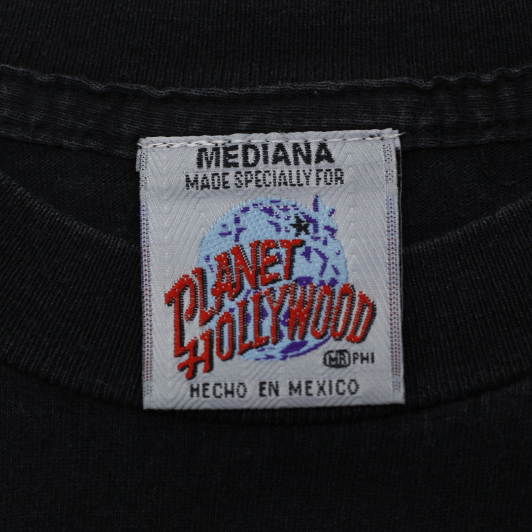 Vintage 90s Planet Hollywood Cancun Graphic T-Shirt Size Medium Black Mayan Pyramid Logo