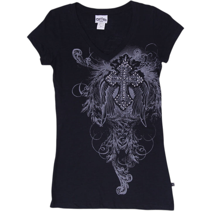 Y2K Ladies Outlaw USA Gothic Cross Wings Graphic Tee Size M