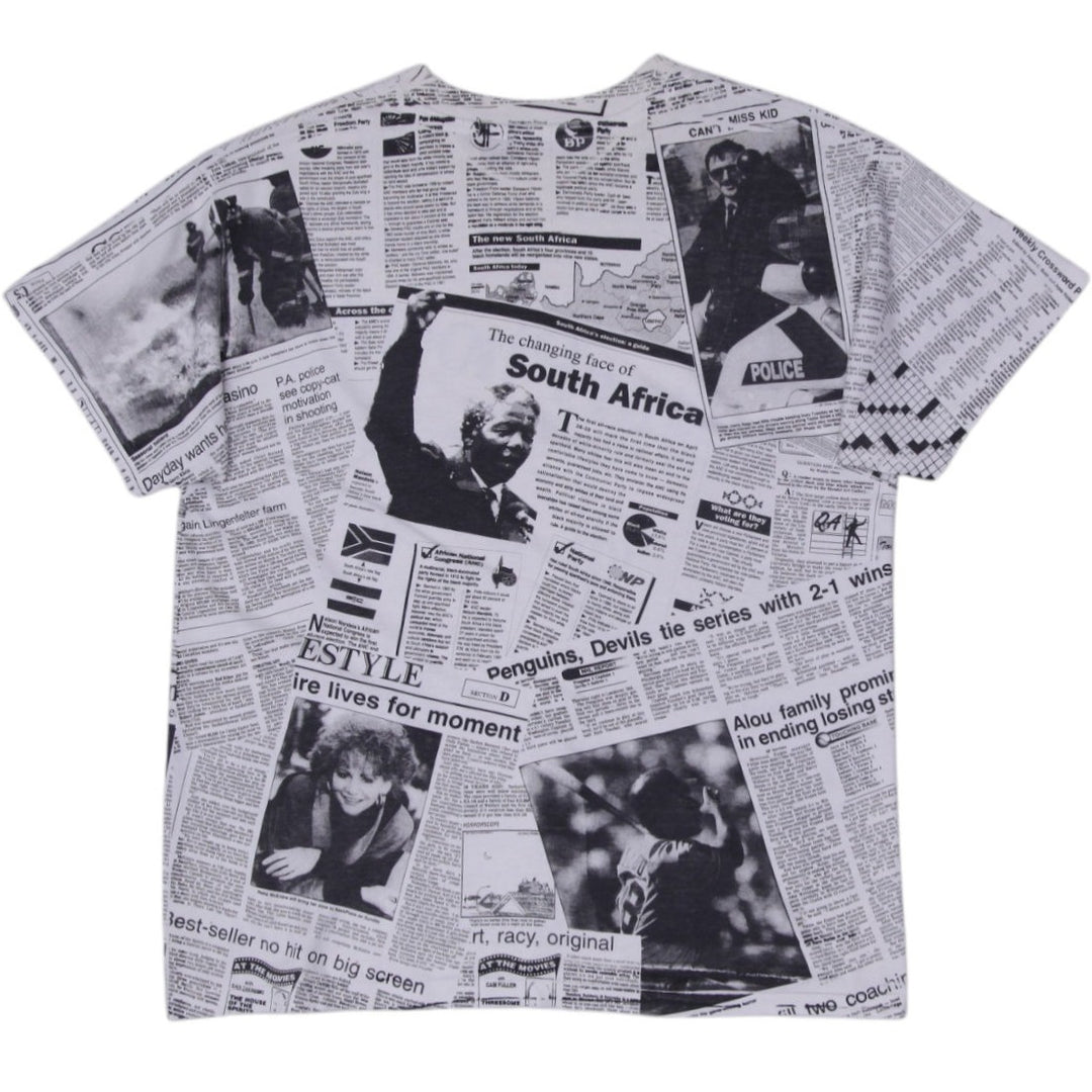 Vintage T-Shirt White Newspaper Print Graphic Single Stitch | Migration_T-Shirts - Side View | Fashion Rerun