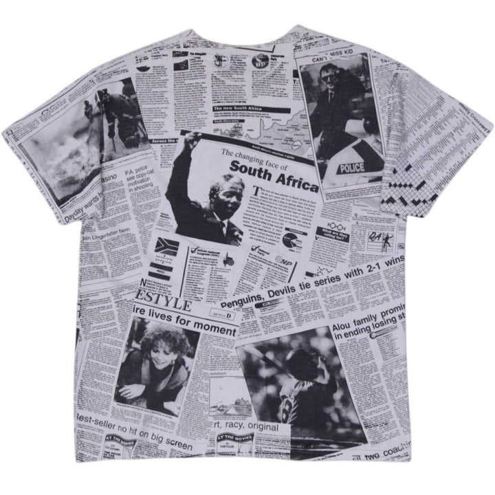 Vintage T-Shirt White Newspaper Print Graphic Single Stitch | Migration_T-Shirts - Side View | Fashion Rerun
