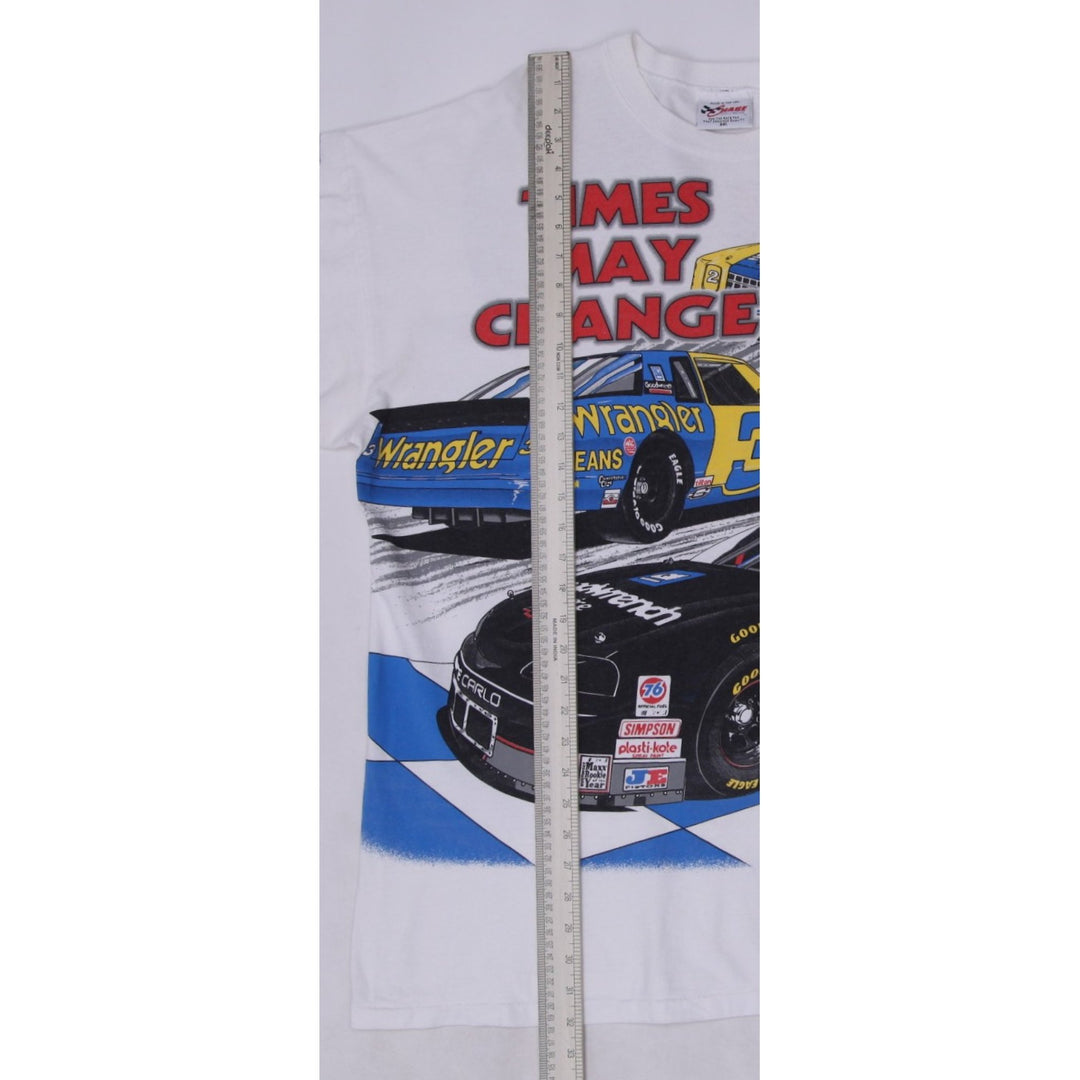 Vintage 1996 NASCAR Dale Earnhardt "Times May Change" All Over Print (AOP) White T-Shirt | Migration_T-Shirts | Fashion Rerun