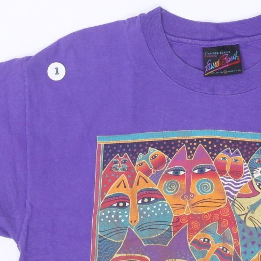 Vintage Mens Laurel Burch T-Shirt Purple Cat Graphic Art