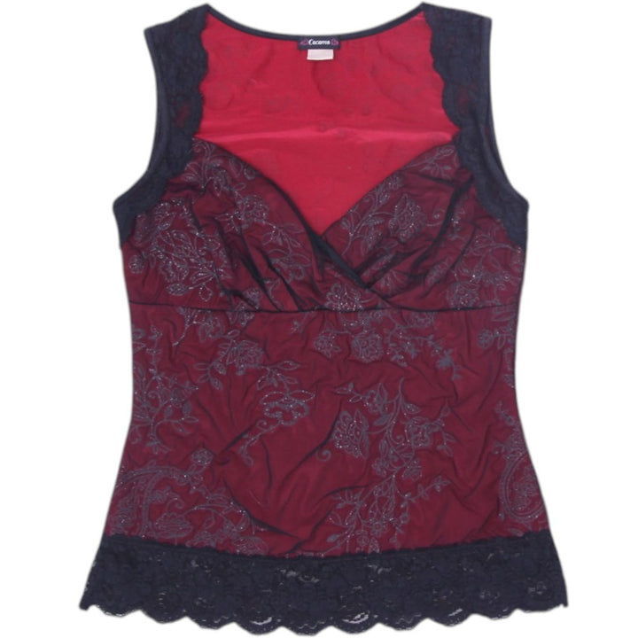 Y2K Ladies Black Lace Trim Floral Sheer Sleeveless Top