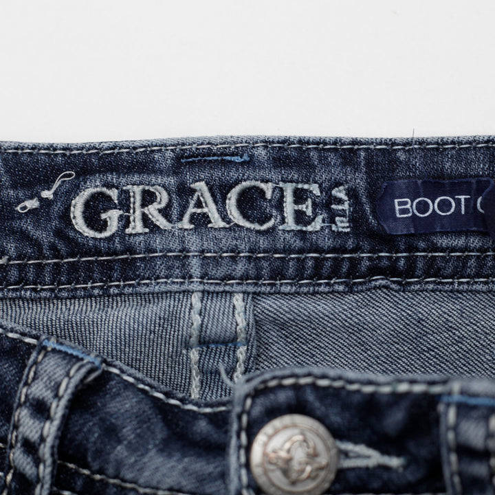 Y2K Ladies Grace in LA Embroidered Distressed Boot Cut Jeans Size 26