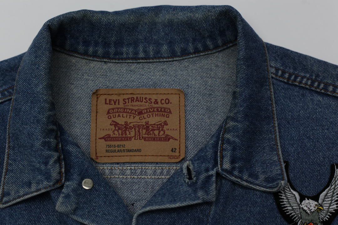 Vintage Levi Strauss 75515-0212 Orange Tab Harley Davidson Patched Denim Jacket