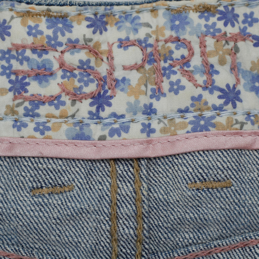 Y2K Ladies Esprit Denim Mini Skirt Floral Inner Trim Wash Patch Pockets A-Line