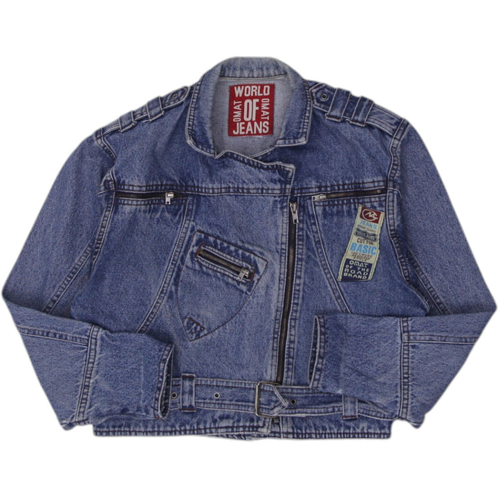 Y2K Ladies World Of Jeans Asymmetric Zipper Crop Denim Belted Jacket