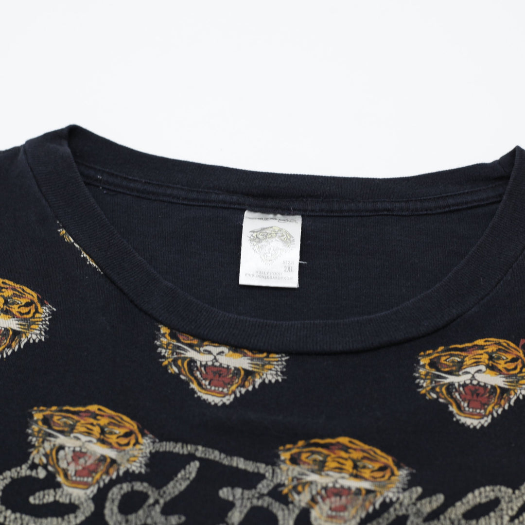 Y2K Mens Ed Hardy Black T-Shirt Tiger Graphic All Over Size 2XL