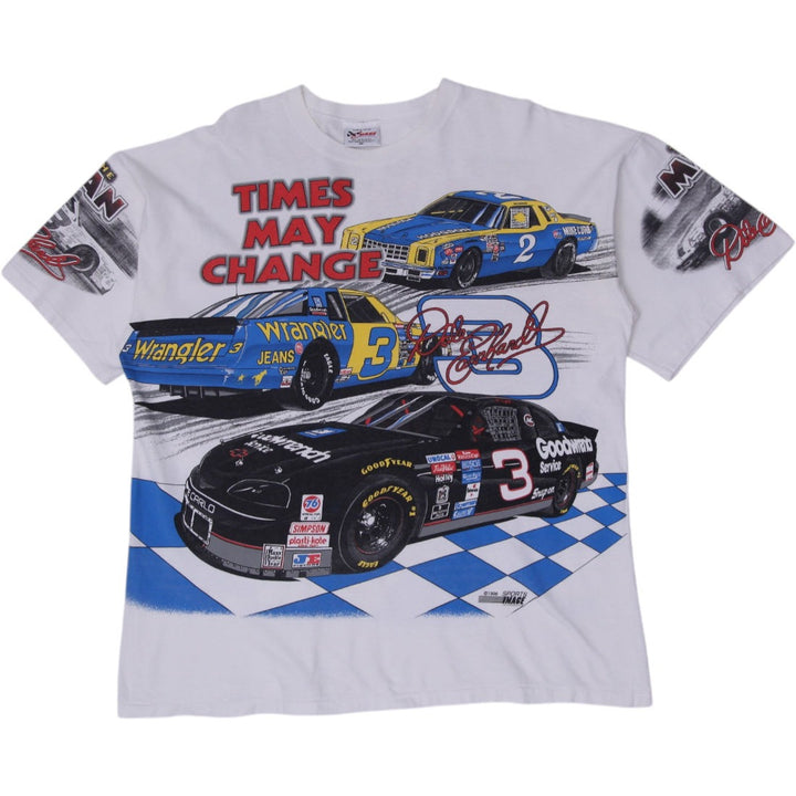 Vintage 1996 NASCAR Dale Earnhardt "Times May Change" All Over Print (AOP) White T-Shirt | Migration_T-Shirts | Fashion Rerun